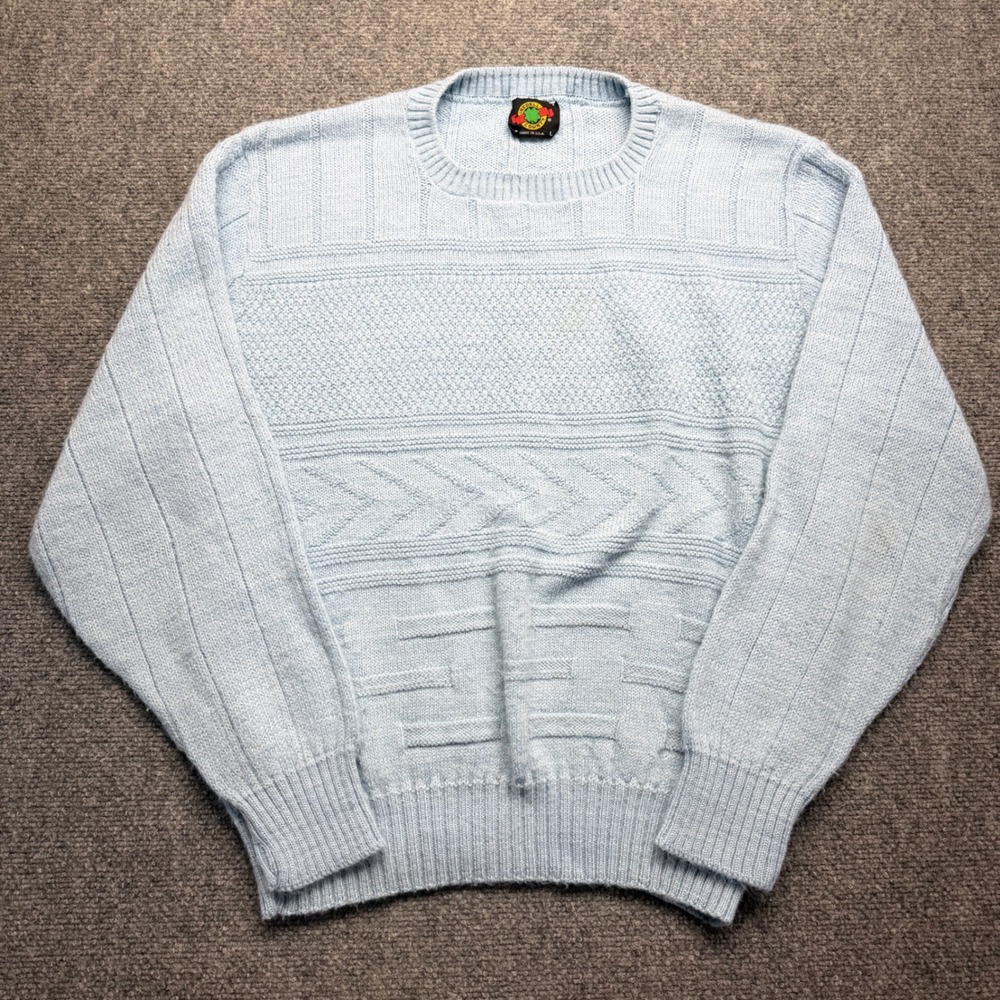 Vintage Kredell Country Blue Knit Sweater Made in USA Crewneck Textured Large